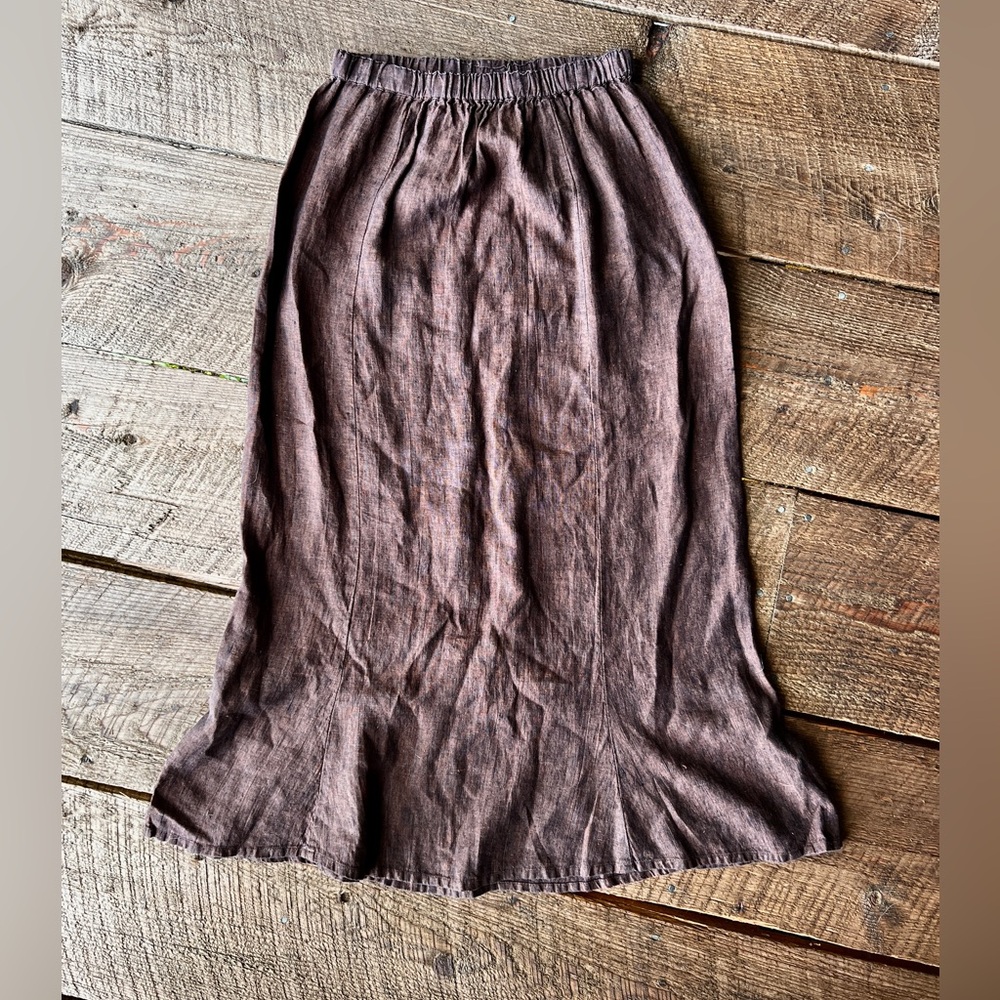 Flax brown linen midi tulip flare skirt Small